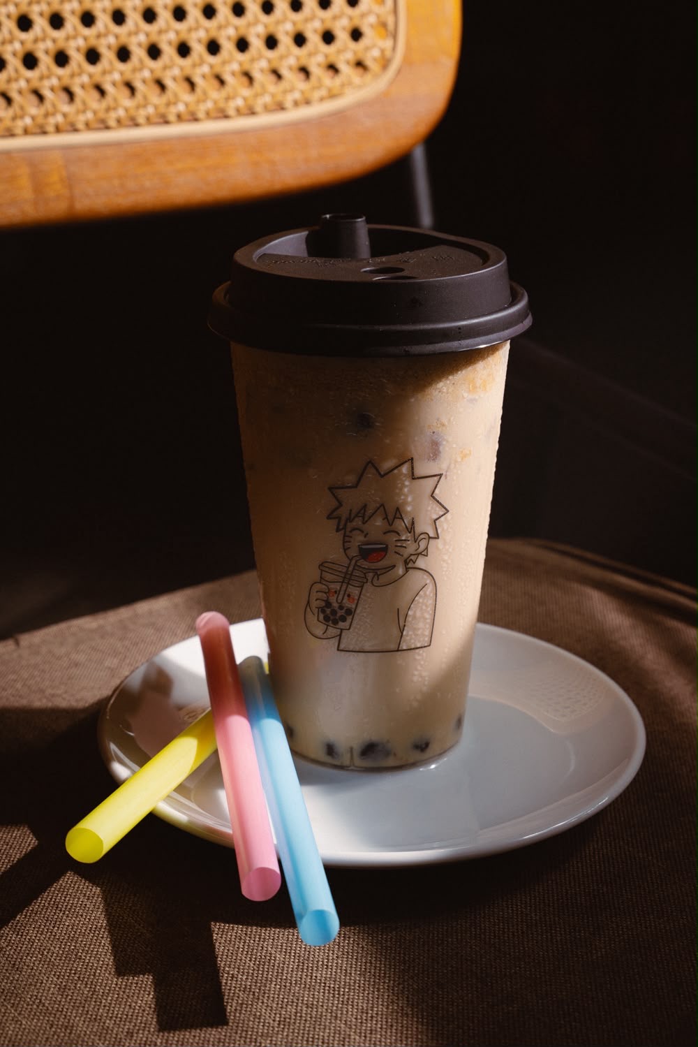 Naruto SXM bubble tea with tapioca pearls and colourful straws